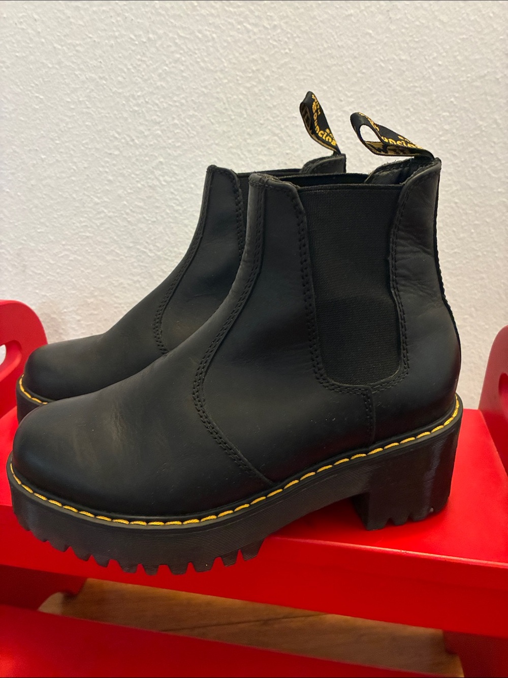 Dr. Martens Rometty Black Platform Chelsea Boots with Yellow Stitching Size US 6